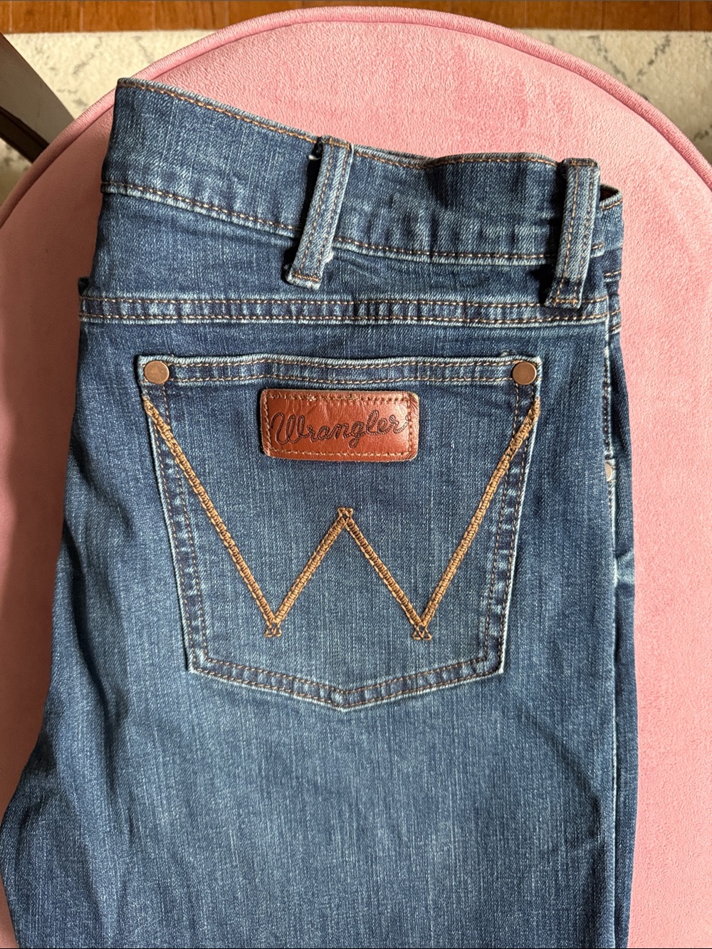 Wrangler Blue Boot Cut Jeans with Tan Stitching ( perfect for Cowboy Boots )